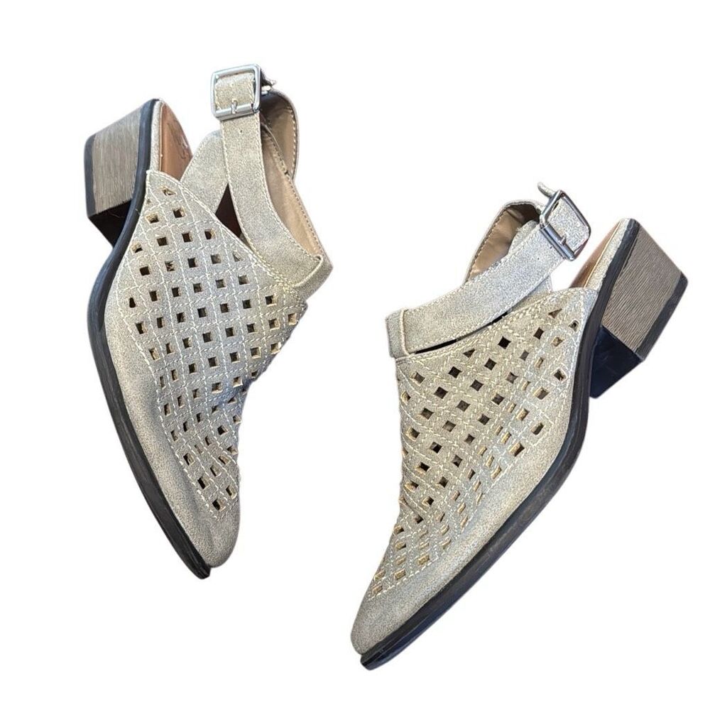 Bamboo Grey Faux Suede Ankle Buckle Heeled Mules Women’s US 8